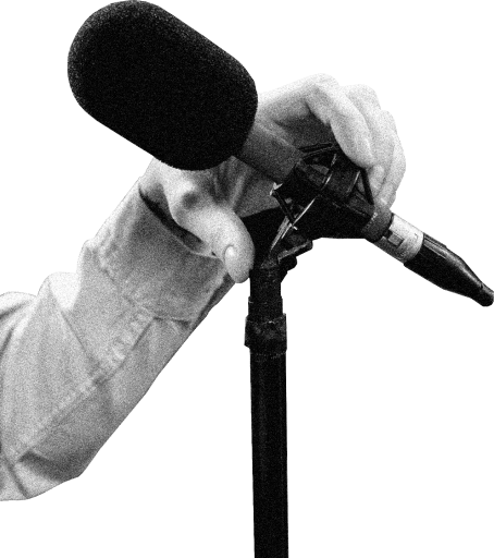 Photo cutout of someone with their hand on a microphone stand